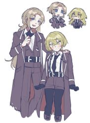 1boy 1girl black_gloves black_necktie blonde_hair blue_eyes blush brown_hair brown_suit candy chibi chocolate chocolate_bar collared_shirt couple cowboy_shot food formal_clothes genderswap genderswap_(ftm) genderswap_(mtf) gloves height_difference hetero highres limbus_company long_hair necktie ntsuhg open_mouth project_moon rodion_(project_moon) shirt short_hair shorts simple_background sinclair_(project_moon) suit suspenders sweat thighhighs white_background white_shirt yellow_eyes