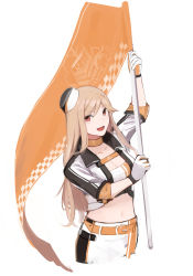 Rule 34 | 1girl, blonde hair, breasts, cleavage, collarbone, crop top, cropped legs, flag, girls&#039; frontline, gloves, hat, highres, holding, holding flag, jacket, long hair, looking at viewer, m2hb (cheers on the blazing tarmac) (girls&#039; frontline), m2hb (girls&#039; frontline), medium breasts, mini hat, navel, official alternate costume, open clothes, open jacket, open mouth, rampart1028, red eyes, skirt, smile, solo, white background, white gloves, white jacket, white skirt
