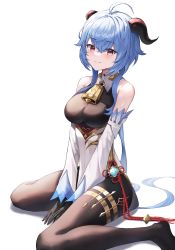 Rule 34 | 1girl, ahoge, bare shoulders, bell, between legs, black gloves, black pantyhose, blue hair, blush, breasts, chinese knot, commentary, dawon, detached sleeves, flower knot, ganyu (genshin impact), genshin impact, gloves, gold trim, hand between legs, highres, horns, long hair, looking at viewer, medium breasts, neck bell, no shoes, pantyhose, purple eyes, sidelocks, sitting, smile, solo, tassel, thighlet, vision (genshin impact), wariza, white background, white sleeves