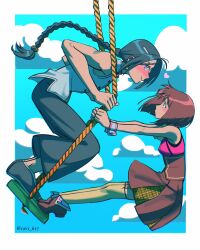 Rule 34 | 1boy, 1girl, :t, ankle boots, black hair, blue sky, bob cut, boots, border, braid, chinese clothes, cloud, cloudy sky, earrings, embarrassed, heart, hetero, highres, huang fangfang, jewelry, looking at another, pink eyes, ravi 617, rosario+vampire, sendou yukari, sky, sleeveless, swing, swinging, white border, wrist cuffs