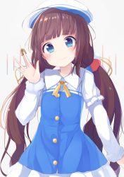 Rule 34 | 10s, ahoge, between fingers, blue eyes, blunt bangs, blush, brown hair, dress, grey background, hat, head tilt, highres, hinatsuru ai, holding, layered sleeves, long hair, long sleeves, ryuuou no oshigoto!, shogi, short over long sleeves, short sleeves, simple background, smile, solo, twintails, very long hair, white hat