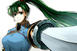 Rule 34 | 1girl, asymmetrical bangs, black undershirt, blue shirt, breasts, closed mouth, commentary request, delsaber, earrings, eyelashes, fire emblem, fire emblem: the blazing blade, green eyes, green hair, hair blowing, hair ornament, high ponytail, holding, holding sword, holding weapon, jewelry, katana, long hair, looking at viewer, lyn (fire emblem), medium breasts, nintendo, pointing, pointing at viewer, pointing sword, pointing weapon, ponytail, shirt, simple background, solo, sword, undershirt, upper body, weapon, white background