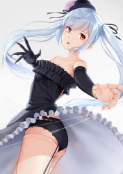 Rule 34 | 1girl, black dress, black gloves, black panties, blue hair, doll, doll joints, dress, garter belt, garter straps, gloves, granblue fantasy, hat, highres, joints, kep (ahokep), long hair, looking at viewer, mini hat, mini top hat, open mouth, orchis, panties, red eyes, shadowverse, single glove, solo, top hat, twintails, underwear, white background