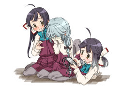 Rule 34 | 3girls, ahoge, asymmetrical bangs, black hair, black ribbon, blue bow, blue bowtie, bow, bowtie, braid, bulge, cellphone, commentary request, covering face, dress, erection, erection under clothes, fujinami (kancolle), grey hair, grey pantyhose, grin, hair ribbon, halter dress, halterneck, hamanami (kancolle), harukaze unipo, hayanami (kancolle), kantai collection, long hair, long sleeves, multiple girls, pantyhose, phone, pleated dress, ponytail, purple dress, purple hair, ribbon, school uniform, seamed legwear, shirt, short hair, side-seamed legwear, side ponytail, sidelocks, simple background, single braid, smartphone, smile, white background, white ribbon, white shirt, yellow eyes