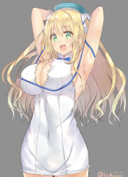 Rule 34 | 1girl, armpits, arms behind head, arms up, atago (kancolle), blonde hair, blush, boob string, breasts, cleavage, cosplay, covered navel, dress, dungeon ni deai wo motomeru no wa machigatteiru darou ka, female focus, gloves, green eyes, hat, hestia (danmachi), hestia (danmachi) (cosplay), isshiki (ffmania7), kantai collection, large breasts, long hair, open mouth, rei no himo, solo, white dress
