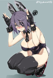 Rule 34 | 1girl, adapted costume, arms up, bare shoulders, black leotard, black thighhighs, blush, breasts, checkered clothes, checkered necktie, checkered neckwear, cleavage, closed mouth, commentary request, detached collar, embarrassed, eyepatch, gloves, grey background, hair between eyes, headgear, highres, ifuji shinsen, kantai collection, large breasts, leotard, looking at viewer, necktie, partially fingerless gloves, playboy bunny, purple hair, rabbit pose, rabbit tail, short hair, simple background, solo, squatting, strapless, strapless leotard, tail, tenryuu (kancolle), thighhighs, wavy mouth, wrist cuffs, yellow eyes