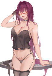 Rule 34 | 1girl, bad id, bad pixiv id, bare shoulders, belt collar, black gloves, black nightgown, black panties, black thighhighs, blush, breasts, cleavage, collar, collarbone, condom, fate/grand order, fate (series), fingernails, garter belt, garter straps, glasses, gloves, hand on head, hand on table, highres, long hair, looking at viewer, medium breasts, nail polish, navel, nightgown, panties, pubic tattoo, purple hair, red eyes, rifu (643763873), scathach (fate), single glove, solo, standing, stomach tattoo, table, tattoo, thighhighs, thighs, tongue, tongue out, underwear, white background