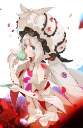 Rule 34 | 1girl, bad id, bad pixiv id, blurry, cup, depth of field, dress, drinking, fate/grand order, fate (series), fingerless gloves, flower, from side, gloves, grey hair, half gloves, hat, long hair, looking at viewer, marie antoinette (fate), marie antoinette (third ascension) (fate), petals, red flower, red rose, rose, rose petals, sidelocks, solo, teacup, twintails, uzubilla, very long hair, white dress, white gloves, white hat