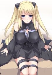 Rule 34 | 1girl, bad id, bad pixiv id, belt, blonde hair, blue eyes, breasts, cleavage cutout, clothing cutout, cosplay, covered erect nipples, detached sleeves, gradient background, highres, konjiki no yami, konjiki no yami (cosplay), large breasts, long hair, lovely x cation 2, minamon (vittel221), sitting, solo, thigh strap, to love-ru, two side up, yoshinoya seine