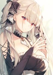 Rule 34 | 1girl, azur lane, bare shoulders, between breasts, black bow, black nails, blush, bow, breasts, cleavage, closed mouth, collarbone, commentary request, detached collar, earrings, fingernails, formidable (azur lane), frills, gradient background, grey background, hair bow, highres, jewelry, large breasts, long hair, long sleeves, looking at viewer, nail polish, own hands together, red eyes, simple background, solo, toosaka asagi, upper body, very long hair