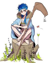 Rule 34 | 1boy, barefoot, blue hair, cape, caster (fate/grand order), cu chulainn (fate), cu chulainn (caster) (fate), fate/stay night, fate (series), cu chulainn (fate/stay night), long hair, male focus, mayuki (ubiquitous), ponytail, solo, staff, tree stump, aged down