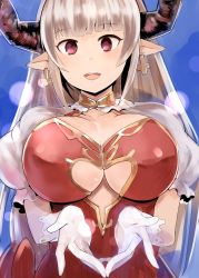 Rule 34 | 10s, 1girl, alicia (granblue fantasy), blush, breasts, center opening, cleavage, draph, dress, earrings, gloves, granblue fantasy, horns, jewelry, large breasts, long hair, looking at viewer, mature female, nerotarou, open mouth, pointy ears, red eyes, silver hair, solo, white gloves