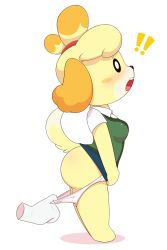 Rule 34 | !, !!, 1girl, acstlu, animal crossing, animal ears, arched back, ass, bad id, bad tumblr id, barefoot, black eyes, blonde hair, blue skirt, blush, blush stickers, breasts, clothes lift, disembodied hand, disembodied hand, dog ears, dog girl, dog tail, embarrassed, female focus, from side, full body, furry, furry female, green vest, hair tie, highres, isabelle (animal crossing), medium breasts, miniskirt, nintendo, open mouth, panties, panty pull, pencil skirt, profile, shirt, short hair, short sleeves, simple background, skirt, skirt lift, skirt tug, solo, standing, surprised, tail, teeth, topknot, underwear, vest, white background, white panties, white shirt, wide-eyed