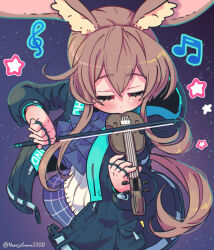 Rule 34 | 1girl, absurdres, amiya (arknights), animal ear fluff, animal ears, arknights, ascot, beamed sixteenth notes, black jacket, blue ascot, blue skirt, blush, bow (music), brown hair, closed eyes, commentary, english commentary, facing viewer, gimme2000, hair between eyes, highres, holding, holding bow (music), holding instrument, holding violin, hood, hood down, hooded jacket, instrument, jacket, jewelry, long hair, long sleeves, making-of available, musical note, open clothes, open jacket, ponytail, puffy long sleeves, puffy sleeves, rabbit ears, ring, shirt, skirt, sleeves past wrists, solo, star (symbol), treble clef, twitter username, very long hair, violin, white shirt