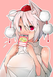 Rule 34 | 1girl, animal ears, bare shoulders, bird, blush, booklet, breasts, covering own mouth, detached sleeves, hat, highres, hira (nanika no heya), inubashiri momiji, large breasts, looking at viewer, pom pom (clothes), red eyes, short hair, silver hair, smile, solo, stork, touhou, translation request, wolf ears
