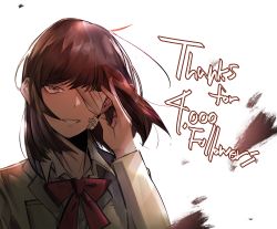Rule 34 | 1girl, bad id, bad pixiv id, bandage on face, bandage over one eye, bandages, blazer, bow, brown eyes, cizzi, collared shirt, commentary, facing viewer, grin, highres, jacket, looking at viewer, milestone celebration, one eye covered, original, red bow, school uniform, shirt, short hair, smile, solo, thank you, white background, white shirt