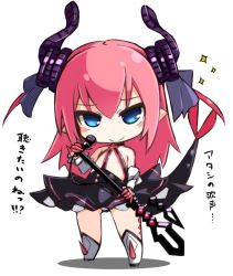 Rule 34 | 10s, 1girl, asymmetrical horns, blue eyes, blush, chibi, detached sleeves, dragon tail, dress, elizabeth bathory (fate), elizabeth bathory (fate/extra ccc), elizabeth bathory (first ascension) (fate), fate/extra, fate/extra ccc, fate/grand order, fate (series), horns, idol, karukan (monjya), long hair, looking at viewer, microphone, pink hair, pointy ears, ribbon, smile, solo, tail, uneven horns