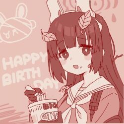 Rule 34 | 1girl, animal ear hairband, animal ears, blue archive, blush stickers, cup ramen, eating, fake animal ears, food, food on face, fork, gloves, hairband, halo, happy birthday, holding, holding fork, leaf, leaf on head, long hair, looking at viewer, lowres, maibotsumou, miyu (blue archive), monochrome, neckerchief, noodles, open mouth, rabbit ear hairband, rabbit ears, rabbit symbol, red theme, school uniform, serafuku, solo, tareme, twig, upper body