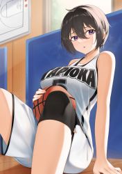 Rule 34 | 1girl, arm support, ball, bare shoulders, basketball, basketball (object), basketball uniform, black hair, breasts, center-chan (tapioka (oekakitapioka)), collarbone, commentary request, hair between eyes, highres, holding, holding ball, large breasts, looking at viewer, original, parted lips, purple eyes, short hair, shorts, sitting, solo, sportswear, sweatdrop, tank top, tapioka (oekakitapioka), white shorts, white tank top