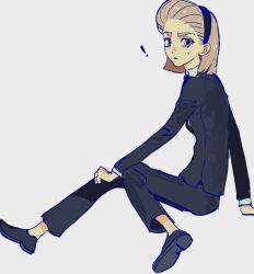 Rule 34 | !, 1girl, black pants, black suit, blonde hair, formal, full body, hair slicked back, hand on ground, hunter x hunter, looking at viewer, maqimaqi0113, pants, short hair, simple background, sitting, solo, suit, sweatdrop, theta (hunter x hunter), white background