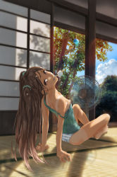 Rule 34 | 1girl, arm support, back, barefoot, blue panties, blush, brown eyes, brown hair, camisole, clenched teeth, crossed ankles, day, electric fan, food, highres, hot, indoors, knees apart feet together, knees together feet apart, leaning back, long hair, looking at viewer, looking back, mouth hold, nipple slip, nipples, on floor, original, panties, parted lips, popsicle, sahara386, scrunchie, shadow, shaft look, shouji, sitting, sliding doors, smile, solo, spaghetti strap, strap slip, striped clothes, striped panties, summer, sunlight, sweat, tan, tanline, tatami, teeth, two side up, underwear, underwear only, white panties