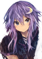 Rule 34 | 1girl, :&lt;, absurdres, blue eyes, blush, crescent, crescent hair ornament, furrowed brow, hair between eyes, hair ornament, highres, kaamin (mariarose753), kantai collection, long sleeves, looking at viewer, purple hair, sailor collar, short hair with long locks, simple background, skirt, solo, white background, yayoi (kancolle)
