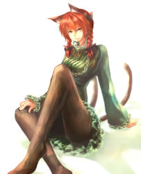 Rule 34 | 1girl, alternate hair length, alternate hairstyle, animal ears, bad id, bad pixiv id, border of season, braid, brown pantyhose, cat ears, cat girl, dress, female focus, frilled dress, frilled sleeves, frills, green dress, kaenbyou rin, no shoes, pantyhose, red eyes, red hair, shikkoku (border of season), short hair, sitting, solo, touhou, twin braids, underbust, white background