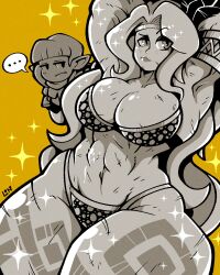 Rule 34 | ..., 2girls, abs, amazon (dragon&#039;s crown), arm up, armpits, breasts, cleavage, crown, curvy, dragon, dragon&#039;s crown, elf (dragon&#039;s crown), greyscale with colored background, highres, large breasts, legendofnerd, long hair, looking at viewer, medium hair, multiple girls, muscular, muscular female, navel, pointy ears, scar, speech bubble, thick thighs, thighs, very long hair, yellow background