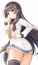 Rule 34 | 1girl, black hair, black thighhighs, blue sailor collar, blush, buttons, closed mouth, cowboy shot, dress, hair ribbon, highres, isokaze (kancolle), kantai collection, long hair, long sleeves, necktie, red eyes, red ribbon, ribbon, sailor collar, senbei (senbe i), simple background, single thighhigh, smile, solo, thighhighs, tress ribbon, white background, white dress, yellow necktie