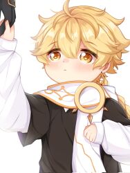 Rule 34 | 2boys, adapted costume, aether (genshin impact), aged down, ahoge, arm up, black gloves, black shirt, blonde hair, blush, braid, child, clenched hand, closed mouth, commentary, earrings, english commentary, fingernails, genshin impact, gloves, gold trim, hair between eyes, hand up, highres, holding, holding hands, jewelry, kyou 0120, layered sleeves, long hair, long sleeves, looking at another, looking up, male focus, multiple boys, puffy long sleeves, puffy sleeves, scarf, shirt, short over long sleeves, short sleeves, simple background, single earring, solo focus, standing, t-shirt, white background, white scarf, white shirt, xiao (genshin impact), yellow eyes