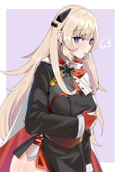 Rule 34 | 1girl, absurdres, blonde hair, blush, breasts, character name, cross, g3 (girls&#039; frontline), g3 (mod3) (girls&#039; frontline), girls&#039; frontline, gloves, hair ornament, highres, iron cross, long hair, looking at viewer, medium breasts, mod3 (girls&#039; frontline), partially fingerless gloves, purple eyes, red gloves, rosehip t72, scarf, simple background, solo, thighs, uniform