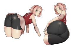 Rule 34 | 1girl, absurdres, all fours, ass, ass focus, bike shorts, blush, cameltoe, closed mouth, commentary, cropped legs, english commentary, eyeshadow, forehead, green eyes, hand on own thigh, haruno sakura, headband, highres, looking back, lying, makeup, multiple views, naruto (series), naruto shippuuden, on side, pantylines, pink eyeshadow, pink hair, red shirt, shiny skin, shirt, short hair, simple background, skirt, sleeveless, sleeveless shirt, solo, tenguro, white background