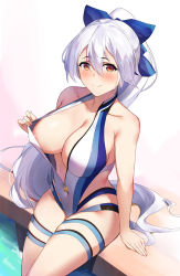 Rule 34 | 1girl, absurdres, areola slip, blue bow, blue one-piece swimsuit, blush, bow, breasts, center opening, closed mouth, competition swimsuit, fate/grand order, fate (series), front zipper swimsuit, hair between eyes, hair bow, highleg, highleg swimsuit, highres, large breasts, long hair, looking at viewer, meme attire, one-piece swimsuit, ponytail, red eyes, silver hair, sitting, smile, swimsuit, thigh strap, thighs, tomoe gozen (fate), tomoe gozen (swimsuit saber) (fate), tomoe gozen (swimsuit saber) (first ascension) (fate), two-tone swimsuit, viral1112, white one-piece swimsuit