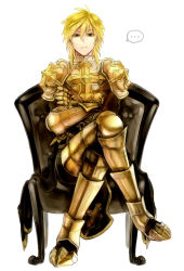 Rule 34 | ..., 1boy, armor, armored boots, black cape, blonde hair, boots, breastplate, brown eyes, cape, chair, closed mouth, commentary request, cross, crossed arms, crossed legs, full body, gauntlets, hair between eyes, leg armor, looking at viewer, lord knight (ragnarok online), male focus, medium hair, misuguu, pauldrons, ragnarok online, shoulder armor, simple background, solo, spiked gauntlets, spoken ellipsis, tabard, white background