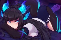 Rule 34 | 1girl, animal ears, ass, black hair, black skin, blunt bangs, body markings, breasts, closed mouth, colored skin, crossed arms, foot up, glowing ears, glowing horns, green eyes, green horns, horns, large breasts, long hair, merunyaa, multicolored skin, original, pointy ears, purple shorts, shiny skin, shirt, shorts, solo, sports bra, tail, top-down bottom-up, white shirt