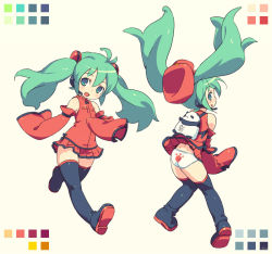 Rule 34 | 1girl, aged down, ahoge, ass, backpack, bag, black thighhighs, blush, child, clothes lift, color guide, detached sleeves, flat chest, from behind, green eyes, green hair, hair ornament, hat, hatsune miku, headset, long hair, om (nk2007), panda, panties, pantyshot, print panties, skirt, skirt lift, standing, thighhighs, twintails, underwear, vocaloid, white panties, wind, wind lift