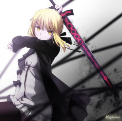 Rule 34 | artist name, artoria pendragon (all), artoria pendragon (fate), bad id, bad pixiv id, black ribbon, blonde hair, dress, fate/stay night, fate (series), frills, highres, magicians (zhkahogigzkh), ribbon, saber (fate), saber alter, solo, sword, thighhighs, weapon, yellow eyes