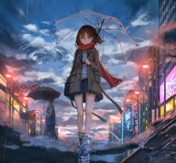 Rule 34 | 1boy, 1girl, bare legs, blue shirt, blue skirt, brown coat, brown eyes, brown hair, building, catzz, cityscape, cloud, cloudy sky, coat, highres, holding, holding umbrella, lamppost, long hair, long sleeves, looking at viewer, miniskirt, open clothes, open coat, original, outdoors, parted lips, pleated skirt, puddle, rain, red scarf, reflection, ripples, road, scarf, shirt, shoes, skirt, sky, sneakers, street, thighs, transparent, transparent umbrella, umbrella, upside-down, walking, water, wing collar