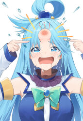 Rule 34 | 1girl, absurdres, aqua (konosuba), arms up, blue eyes, blue hair, blue shirt, blush, bow, breasts, commentary request, crying, crying with eyes open, detached sleeves, drooling, green bow, head bump, highres, kono subarashii sekai ni shukufuku wo!, lisu, long hair, long sleeves, medium breasts, mouth drool, notice lines, open mouth, parted bangs, pointing, pointing at self, shirt, simple background, sleeveless, sleeveless shirt, sleeves past wrists, solo, tears, upper body, white background, white sleeves