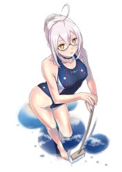Rule 34 | 1girl, ahoge, artoria pendragon (all), artoria pendragon (fate), barefoot, black-framed eyewear, black choker, blue one-piece swimsuit, braid, broom, choker, competition swimsuit, fate/grand order, fate (series), french braid, full body, highres, holding, holding broom, leaning to the side, logo, looking at viewer, mysterious heroine x alter (fate), nail polish, nenchi, one-piece swimsuit, open mouth, pink nails, saber alter, semi-rimless eyewear, short hair, silver hair, simple background, solo, standing, swimsuit, under-rim eyewear, wet, white background, yellow eyes