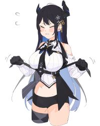 Rule 34 | 1girl, absurdres, asymmetrical horns, bare shoulders, belt, black bloomers, black gloves, black hair, black ribbon, black thighhighs, bloomers, blue hair, blush, breasts, chest belt, closed mouth, collared shirt, demon girl, demon horns, gloves, hair ornament, highres, hikkishi, holding, hololive, hololive english, horns, large breasts, long hair, mole, mole under eye, multicolored hair, multiple belts, navel, nerissa ravencroft, nerissa ravencroft (1st costume), no pants, pout, ribbon, shirt, simple background, single thighhigh, solo, stomach, striped clothes, striped shirt, thighhighs, two-tone hair, underbust, underwear, uneven horns, vertical-striped clothes, vertical-striped shirt, virtual youtuber, white background, white shirt