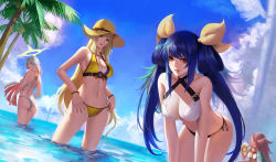 Rule 34 | 4girls, alternate costume, baiken, bare shoulders, beach, bent over, big hair, bikini, blonde hair, blue eyes, blue hair, blue sky, breasts, cleavage, cloud, cloudy sky, spiked halo, cowboy shot, day, dizzy (guilty gear), eyepatch, female focus, guilty gear, guilty gear xrd, hair ribbon, halo, hat, jack-o&#039; valentine, large breasts, long hair, looking at viewer, millia rage, multicolored hair, multiple girls, navel, ocean, one-eyed, outdoors, parted lips, partially submerged, phamoz, pink hair, plant, red eyes, red hair, ribbon, sky, smile, standing, sun hat, sunlight, swimsuit, tree, two-tone hair, wading, water, white hair, yellow ribbon