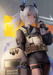 Rule 34 | 1girl, arknights, ballistic shield, black gloves, black skirt, blunt bangs, brown eyes, brown pantyhose, bulletproof vest, covered navel, cowboy shot, dazzler (weapon), dragon girl, dragon horns, dragon tail, electroshock weapon, flash shield, flashlight, gloves, highres, holding, horns, less-than-lethal weapon, liskarm (arknights), liskarm (overload) (arknights), lodbyy, long sleeves, looking at viewer, miniskirt, official alternate costume, pantyhose, parted lips, pencil skirt, ponytail, riot shield, shield, sidelocks, silver hair, skindentation, skirt, stun shield, tail, thigh strap