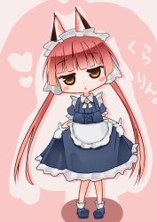 Rule 34 | 10s, 1girl, android, animal ears, apron, blush stickers, brown eyes, cat ears, chibi, clarion, cyborg, doll joints, gloves, heart, highres, joints, kamisaka, koukaku no pandora, maid, maid apron, maid headdress, open mouth, pink background, red hair, short sleeves, solo, text focus, translation request, triangle mouth, waist apron, white gloves