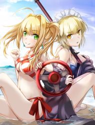 Rule 34 | 1girl, ahoge, artoria pendragon (all), artoria pendragon (alter swimsuit rider) (second ascension) (fate), artoria pendragon (fate), blonde hair, blush, breasts, cleavage, closed mouth, earrings, fate/grand order, fate (series), green eyes, hellnyaa, highres, jewelry, long hair, looking at viewer, maid headdress, medium breasts, nero claudius (fate), nero claudius (fate) (all), nero claudius (swimsuit caster) (fate), parted lips, saber alter, short hair, sitting, smile, solo, steering wheel, twintails, yellow eyes