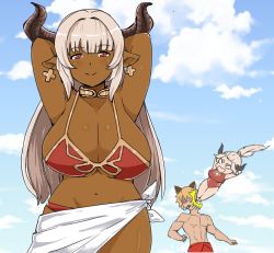 Rule 34 | 10s, 1boy, 2girls, adapted costume, alicia (granblue fantasy), aliza (granblue fantasy), alternate skin color, animal ears, arms behind head, arms up, bad id, bad pixiv id, bikini, blue sky, blush, breasts, cat ears, cleavage, cloud, collarbone, cross, cross earrings, curvy, dark skin, day, draph, drop kick, earrings, erune, ethan69 (anhuzart), eyebrows, flying kick, granblue fantasy, groin, hair intakes, horns, huge breasts, in the face, jealous, jewelry, kicking, large breasts, long hair, looking at viewer, mature female, mother and daughter, multiple girls, navel, one-piece swimsuit, outdoors, pointy ears, ponytail, red bikini, red eyes, sagging breasts, sarong, silver hair, sky, smile, solo focus, spitting, spitting blood, stan (granblue fantasy), swimsuit, underboob