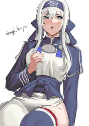 Rule 34 | 1girl, ainu, ainu clothes, akagi kurage, artist name, bandana, blue eyes, blue headband, blush, breasts, cropped jacket, folded ponytail, hair between eyes, headband, highres, kamoi (kancolle), kantai collection, large breasts, long hair, long sleeves, looking at viewer, pelvic curtain, simple background, solo, thick eyebrows, thighhighs, white background, white hair, wrist guards