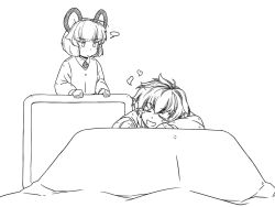 Rule 34 | animal ears, blush stickers, commentary request, closed eyes, greyscale, jitome, kotatsu, long sleeves, looking at another, monochrome, mouse ears, multicolored hair, nazrin, open mouth, shirt, short hair, simple background, smile, streaked hair, sunatoshi, table, toramaru shou, touhou, white background