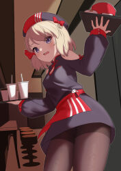 Rule 34 | 1girl, absurdres, apron, azur lane, bare shoulders, beret, black dress, black pantyhose, blonde hair, bow, breasts, cleavage cutout, clothing cutout, cup, disposable cup, dress, drinking straw, hat, highres, holding, holding tray, indoors, long sleeves, looking at viewer, medium breasts, official alternate costume, open mouth, pantyhose, purple eyes, red bow, rock zinc, short hair, solo, tray, waist apron, z23 (azur lane), z23 (fries and smiles!) (azur lane)
