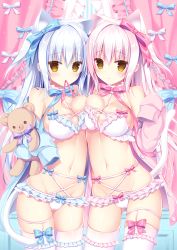 Rule 34 | 2girls, animal ear fluff, animal ears, blue hair, blue ribbon, blue shirt, blush, bra, breast press, breasts, cameltoe, cat ears, cat girl, cat tail, cleavage, commentary request, curtains, doll, frilled bra, frilled panties, frills, hair between eyes, hair ribbon, hasune, highres, holding, holding doll, lingerie, long hair, looking at viewer, medium breasts, mouth hold, multiple girls, navel, neck ribbon, one side up, open clothes, open shirt, original, panties, pink bra, pink hair, pink legwear, pink panties, pink ribbon, pink shirt, ribbon, ribbon in mouth, shirt, siblings, sidelocks, sleeves past fingers, sleeves past wrists, stuffed animal, stuffed toy, tail, teddy bear, thigh strap, thighhighs, twins, underwear, yellow eyes